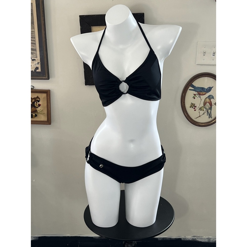 Coquette Black Microfiber Bikini Set with Rings Size L